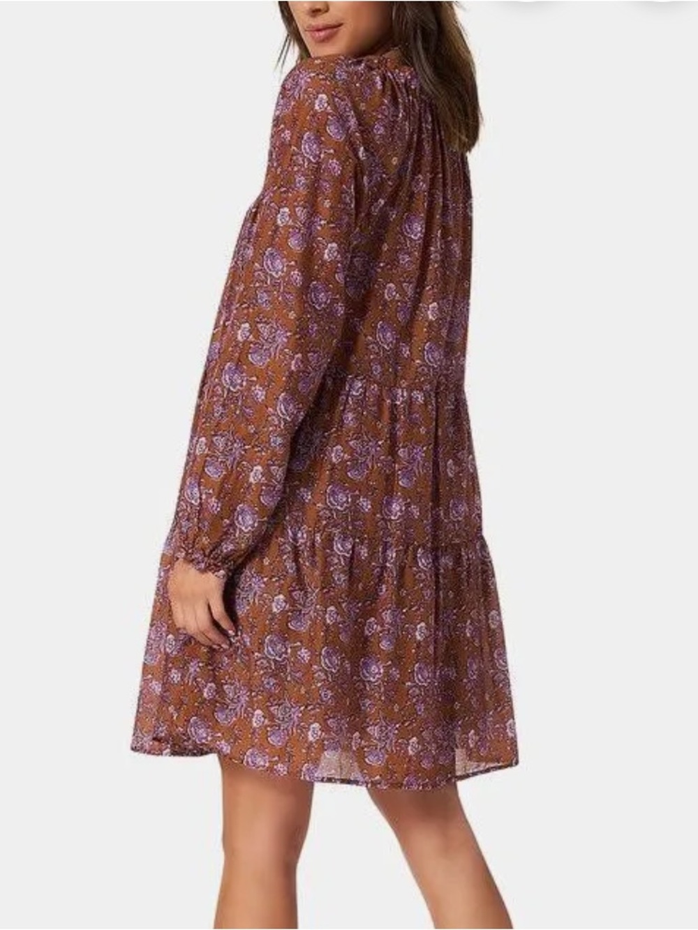XiRENA Lea Brown Floral Tiered Long-Sleeve Dress with Purple Accents